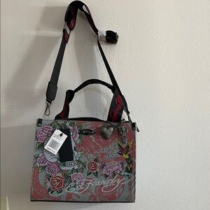 Ed Hardy Gray and Red Shoulder Bag